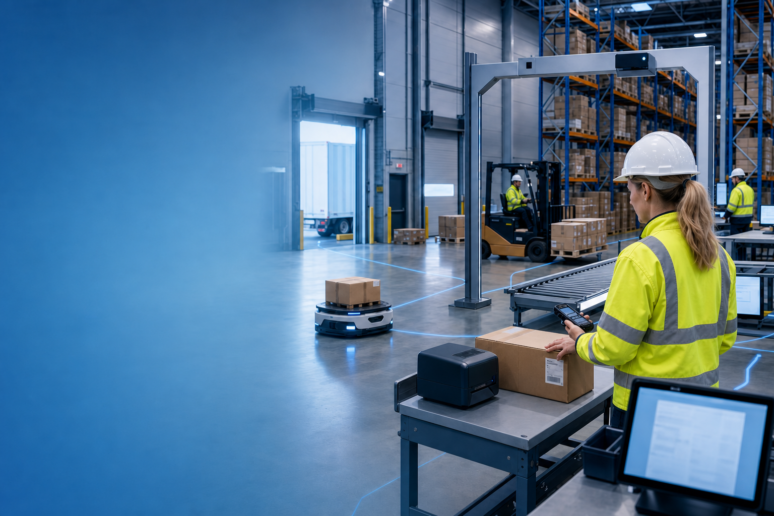 Connected enterprise warehouse: mobile scanning workstation, RFID portal, AGV, forklift, and loading dock in one operations environment