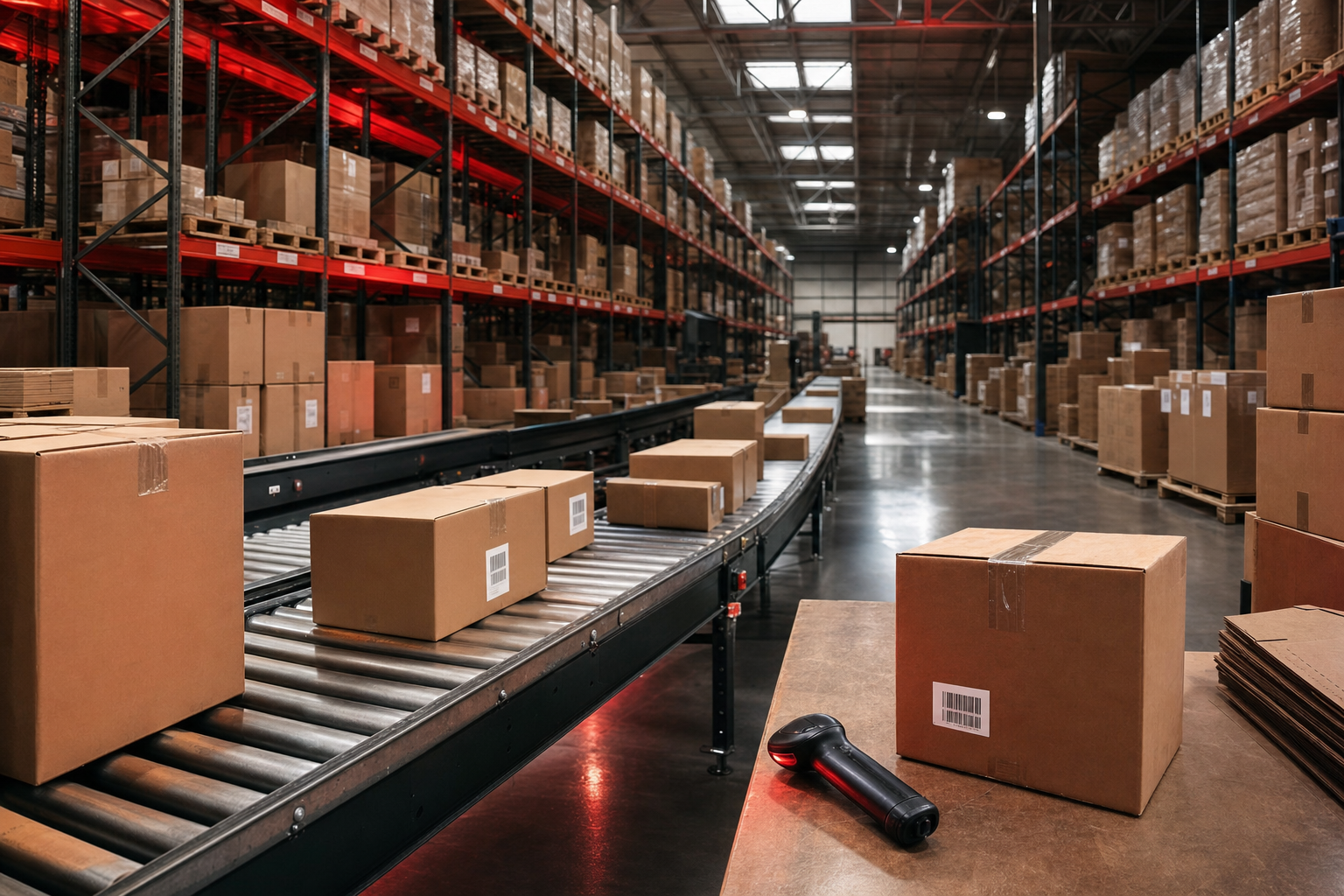 Warehouse automation for Flow WMS: conveyor, labelled cartons, scanners, and inventory shelving