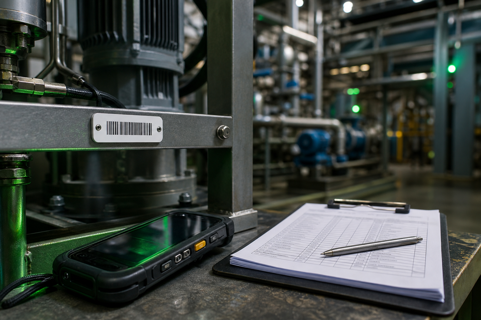 Asset management for Mara AMS: tagged industrial equipment, handheld scanner, and audit tools